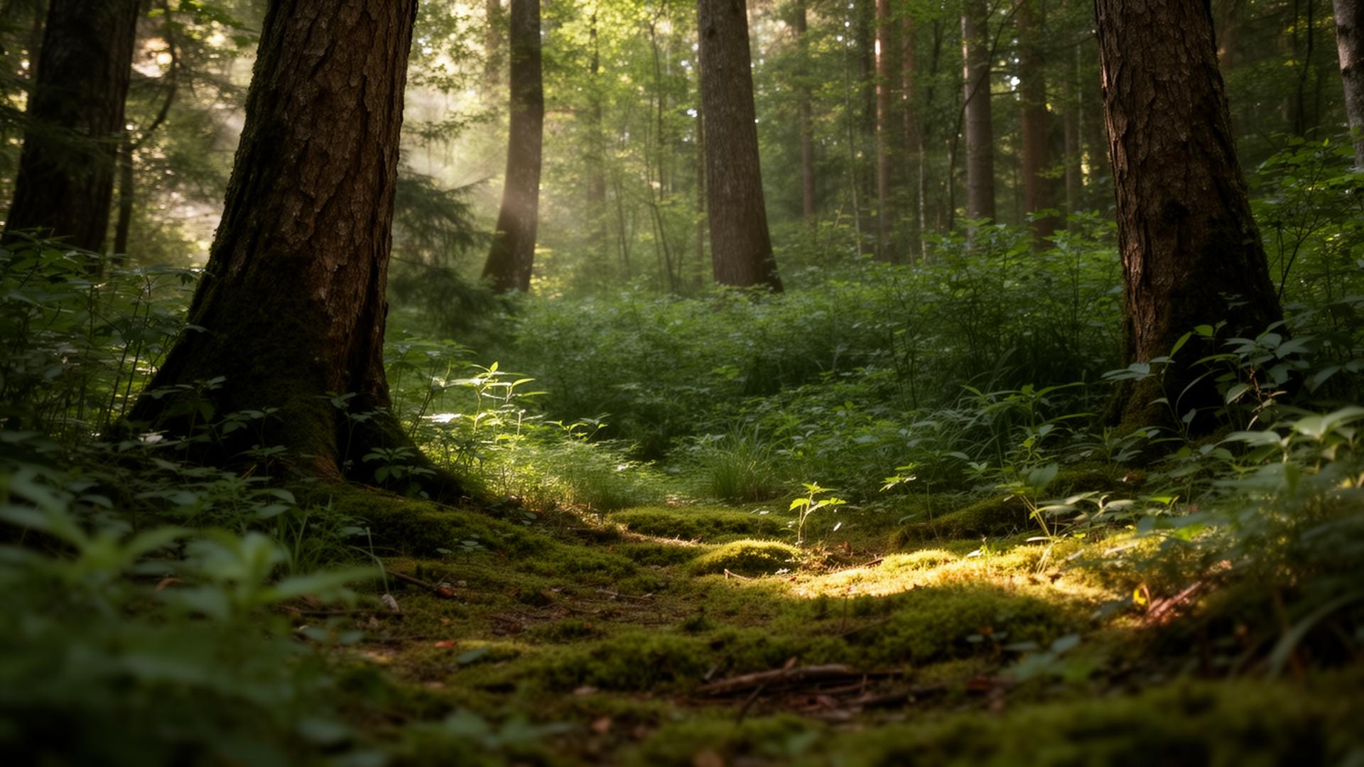 Bosque verde con luz natural suave